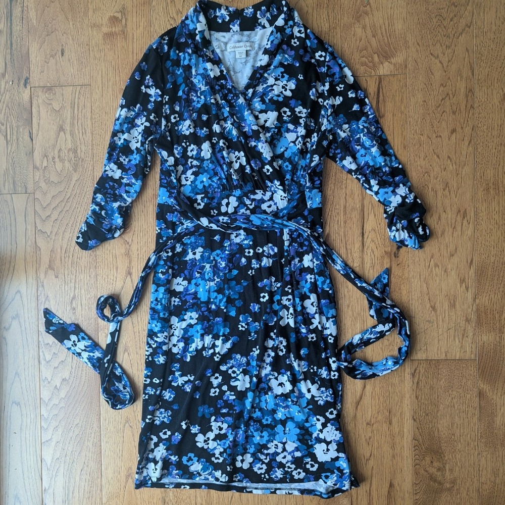 Coldwater Creek Wrap Look Dress Blue Floral Ruched Sleeve Knee Length Sz 16Pโ
